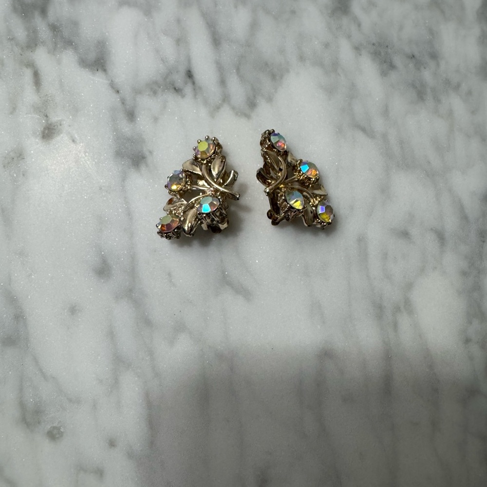 Gold-Tone Iridescent Crystal Clip-On Costume Jewelry Earrings